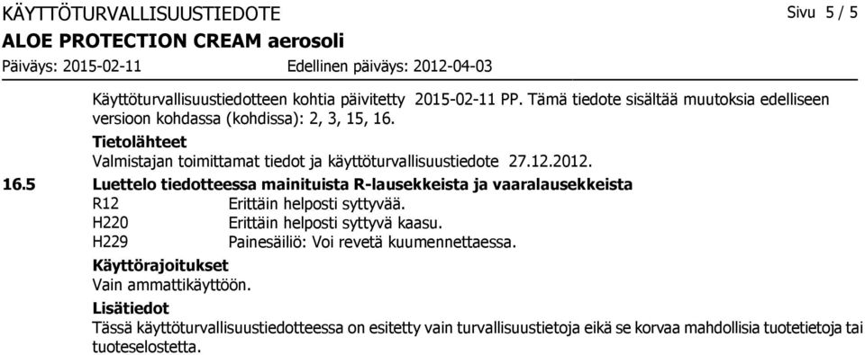 Tietolähteet Valmistajan toimittamat tiedot ja käyttöturvallisuustiedote 27.12.2012. 16.