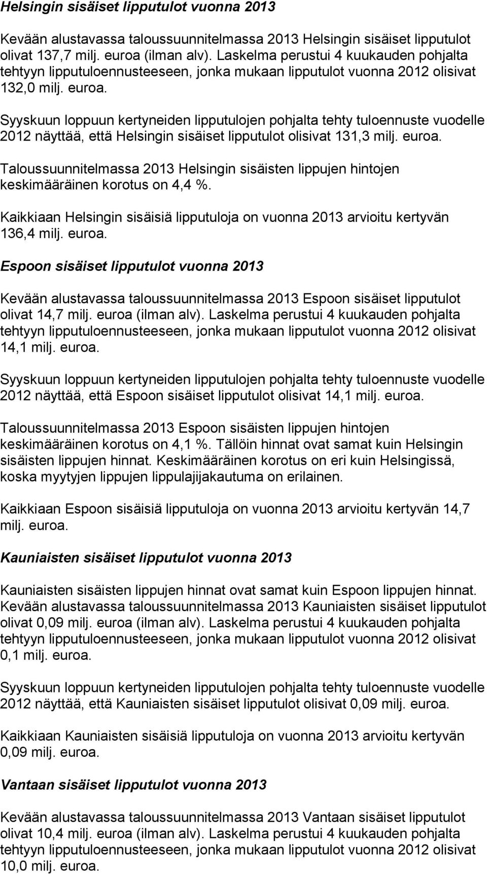 Syyskuun loppuun kertyneiden lipputulojen pohjalta tehty tuloennuste vuodelle 2012 näyttää, että Helsingin sisäiset lipputulot olisivat 131,3 milj. euroa.