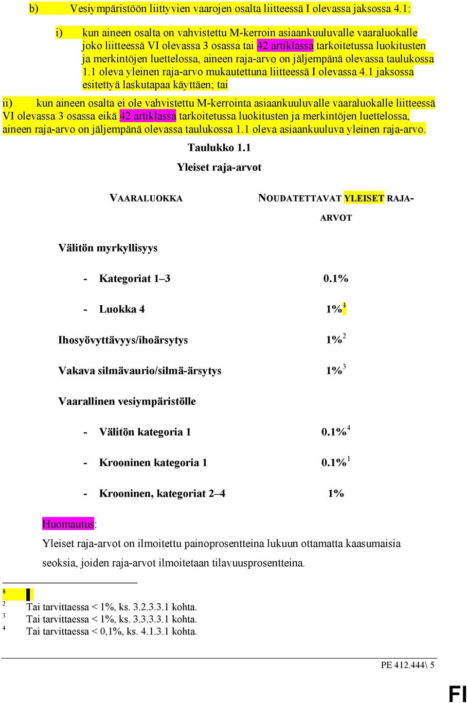 raja-arvo on jäljempänä olevassa taulukossa 1.1 oleva yleinen raja-arvo mukautettuna liitteessä I olevassa 4.