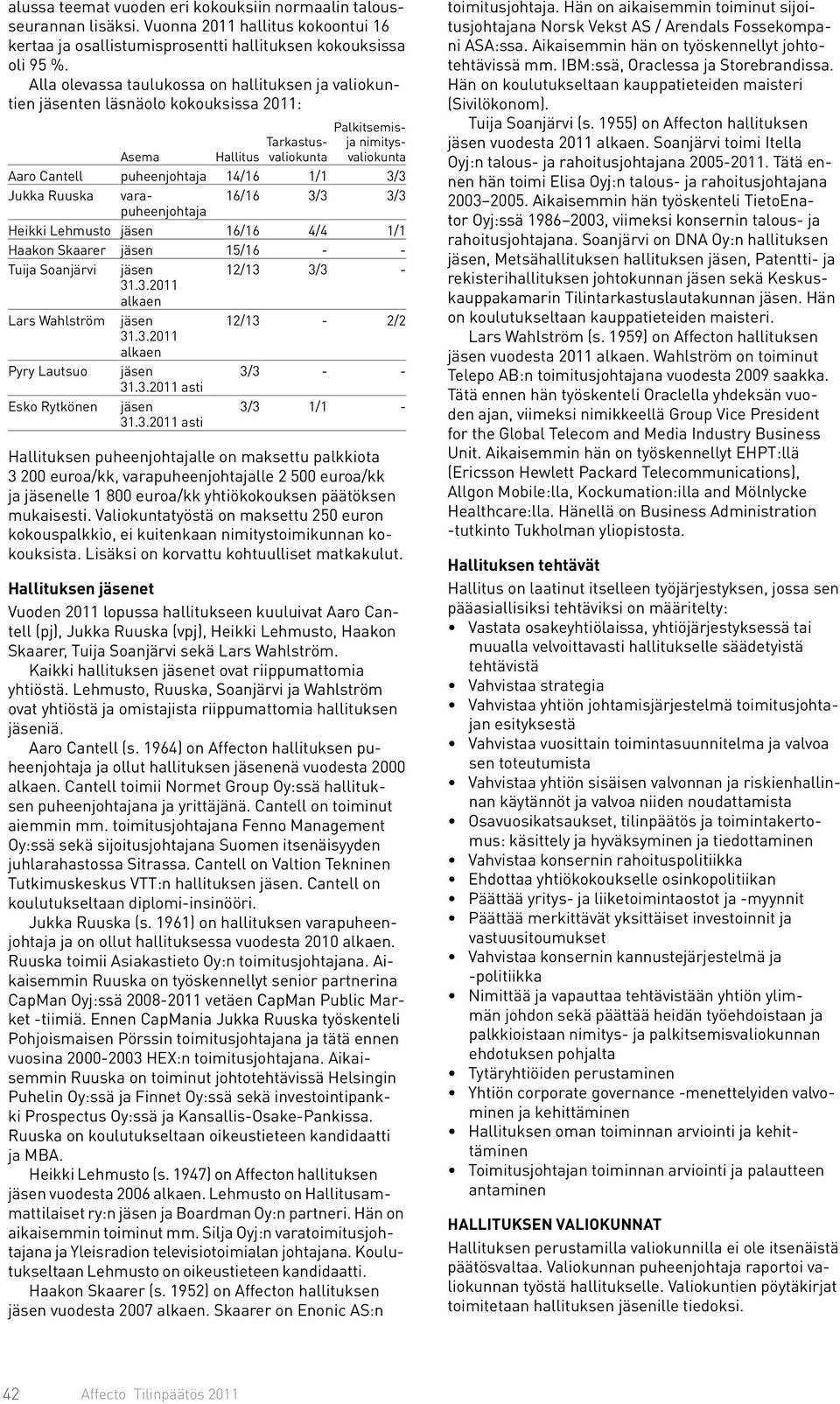 Palkitsemisja nimitysvaliokunta varapuheenjohtaja Heikki Lehmusto jäsen 16/16 4/4 1/1 Haakon Skaarer jäsen 15/16 - - Tuija Soanjärvi jäsen 12/13 3/3-31.3.2011 alkaen Lars Wahlström jäsen 12/13-2/2 31.