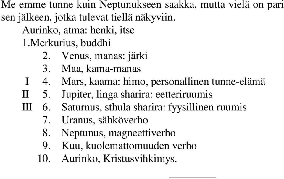 Mars, kaama: himo, personallinen tunne-elämä II 5. Jupiter, linga sharira: eetteriruumis III 6.