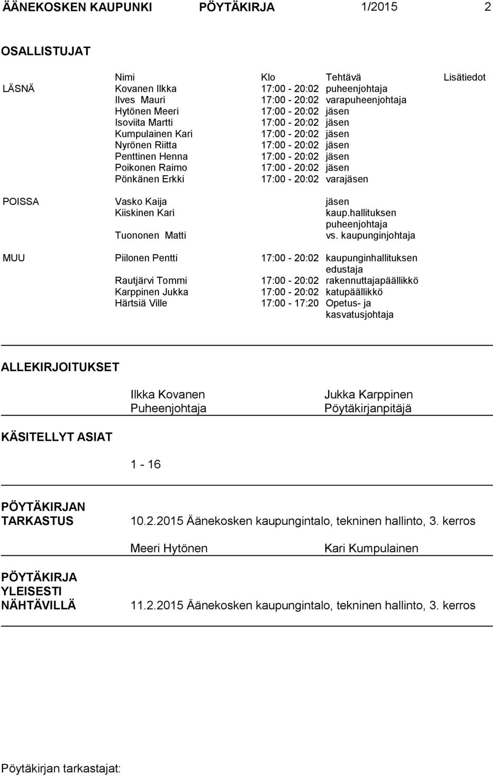 17:00-20:02 varajäsen POISSA Vasko Kaija jäsen Kiiskinen Kari kaup.hallituksen puheenjohtaja Tuononen Matti vs.