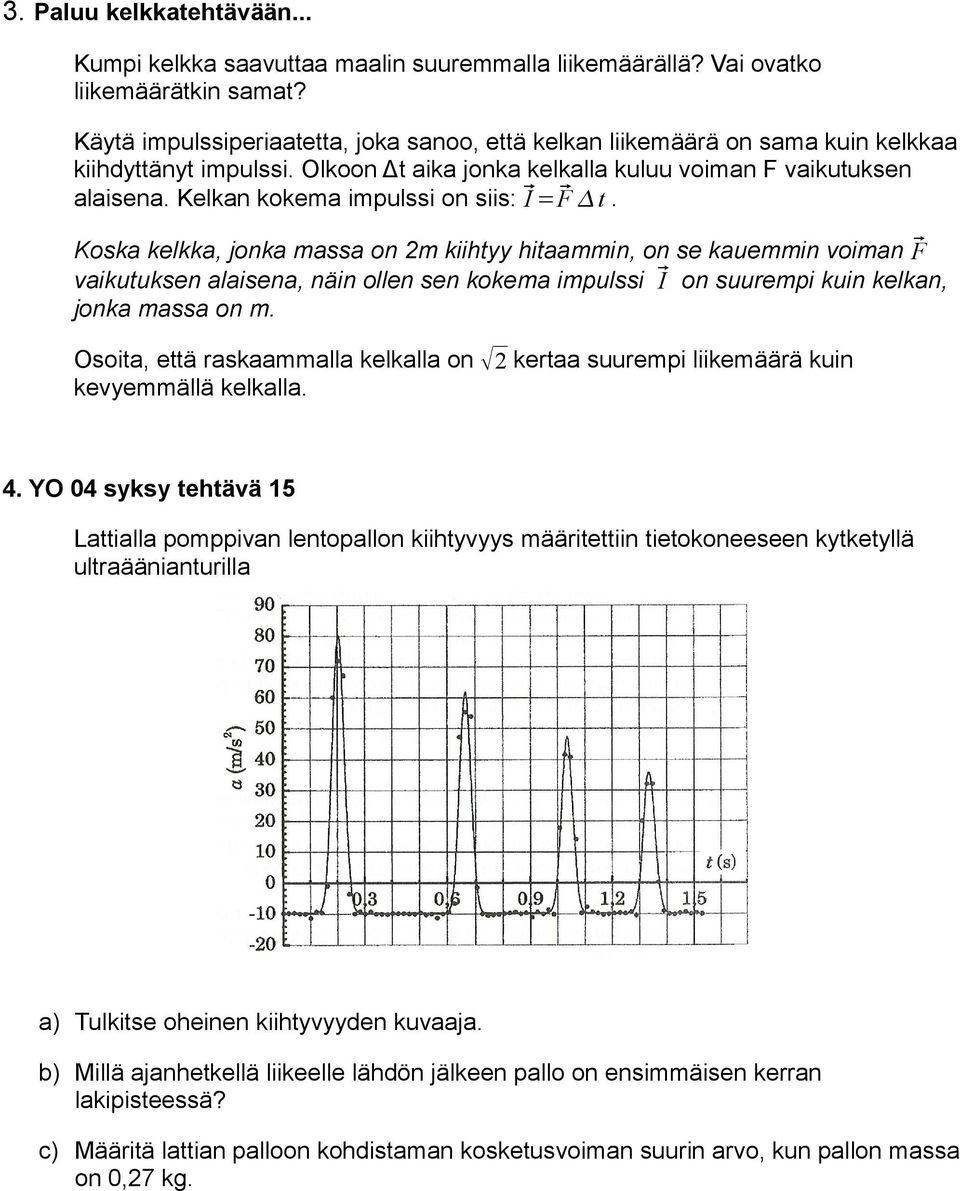 Kelkan kokema impulssi on siis: I = F Koska kelkka, jonka massa on 2m kiihtyy hitaammin, on se kauemmin voiman F vaikutuksen alaisena, näin ollen sen kokema impulssi I on suurempi kuin kelkan, jonka