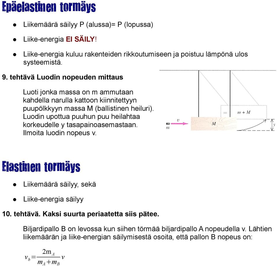 Luodin upottua puuhun puu heilahtaa korkeudelle y tasapainoasemastaan. Ilmoita luodin nopeus v. Elastinen tormäys Liikemäärä säilyy, sekä Liike-energia säilyy 10. tehtävä.