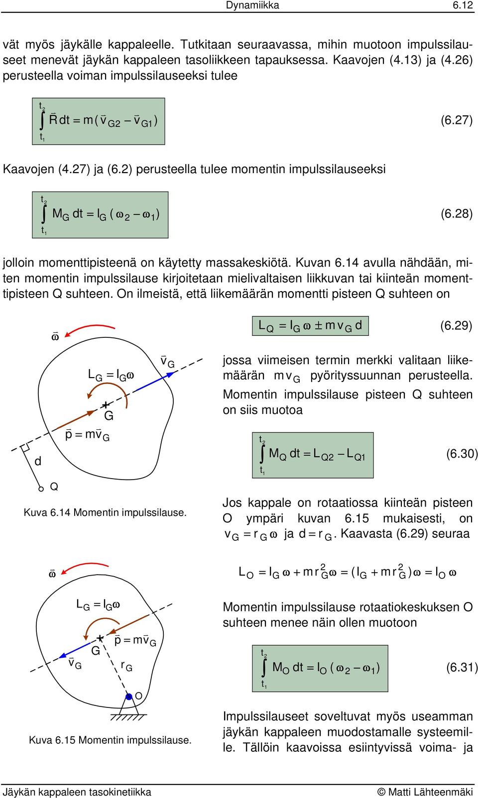 4 aulla ähdää, mie momei impulssilause irjoieaa mielialaise liiua ai iieä momeipisee Q suhee. ilmeisä, eä liiemäärä momei pisee Q suhee o d Q L = I p = m Kua 6.4 omei impulssilause. L = I m d (6.