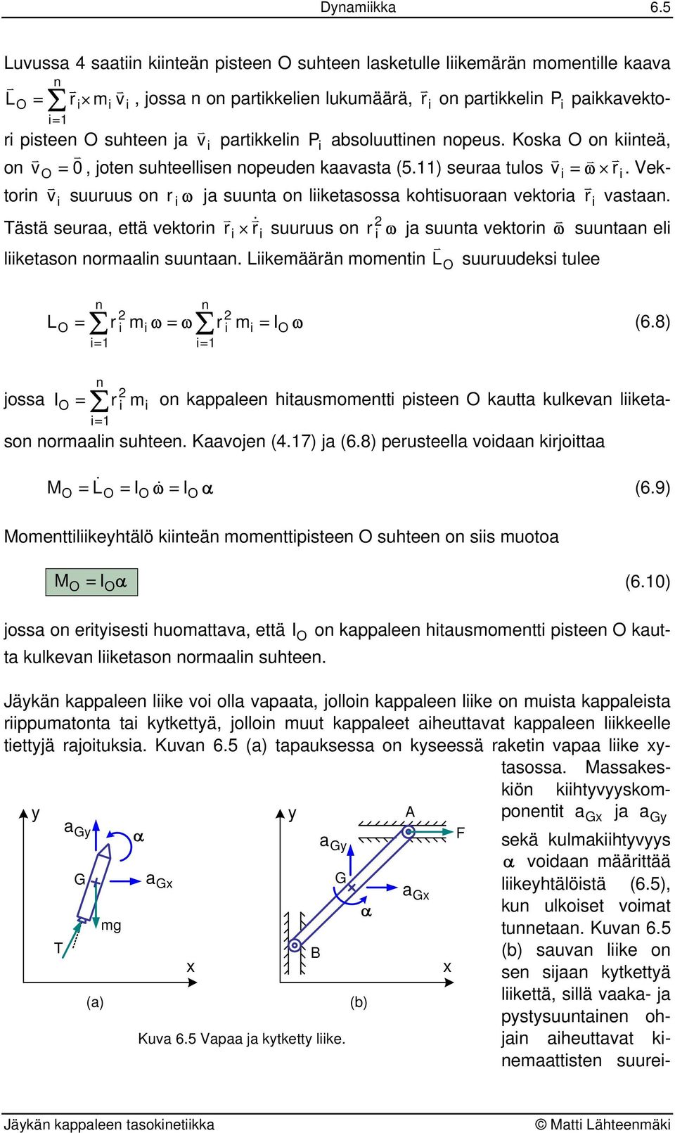 Täsä seuraa, eä eori r i r & i suuruus o r i ja suua eori suuaa eli liieaso ormaali suuaa. Liiemäärä momei L suuruudesi ulee jossa L = r i mi = r i mi = I (6.