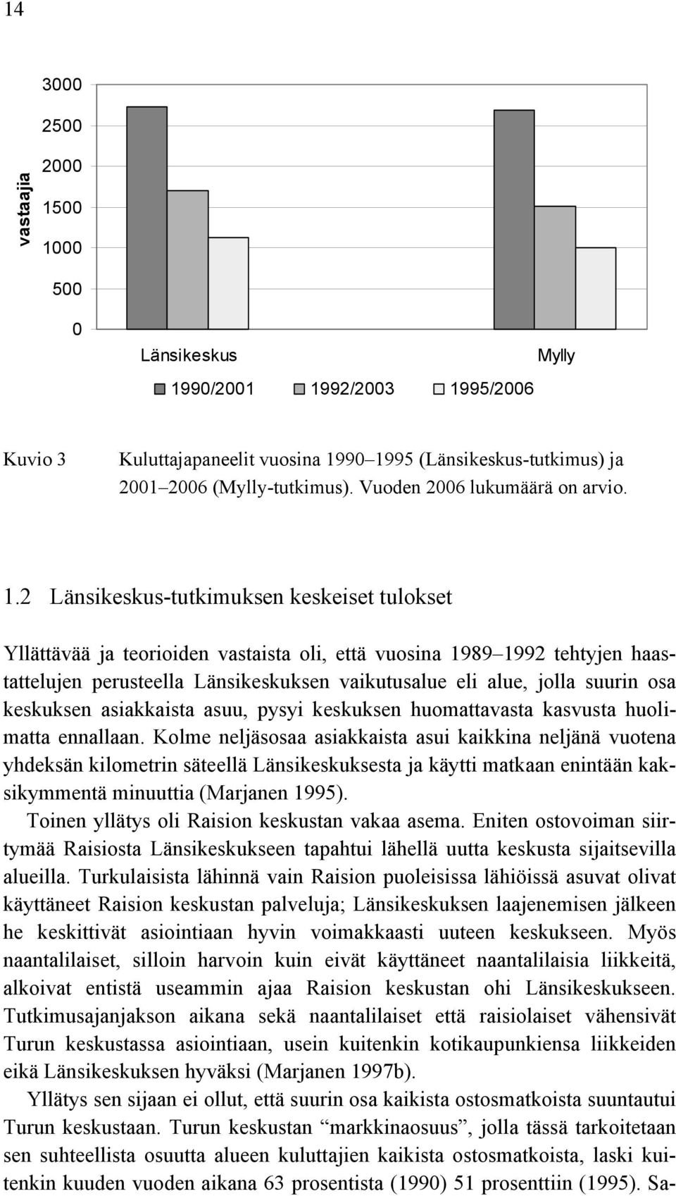 keskeiset tulokset Yllättävää ja teorioiden vastaista oli, että vuosina 1 tehtyjen haastattelujen perusteella Länsikeskuksen vaikutusalue eli alue, jolla suurin osa keskuksen asiakkaista asuu, pysyi