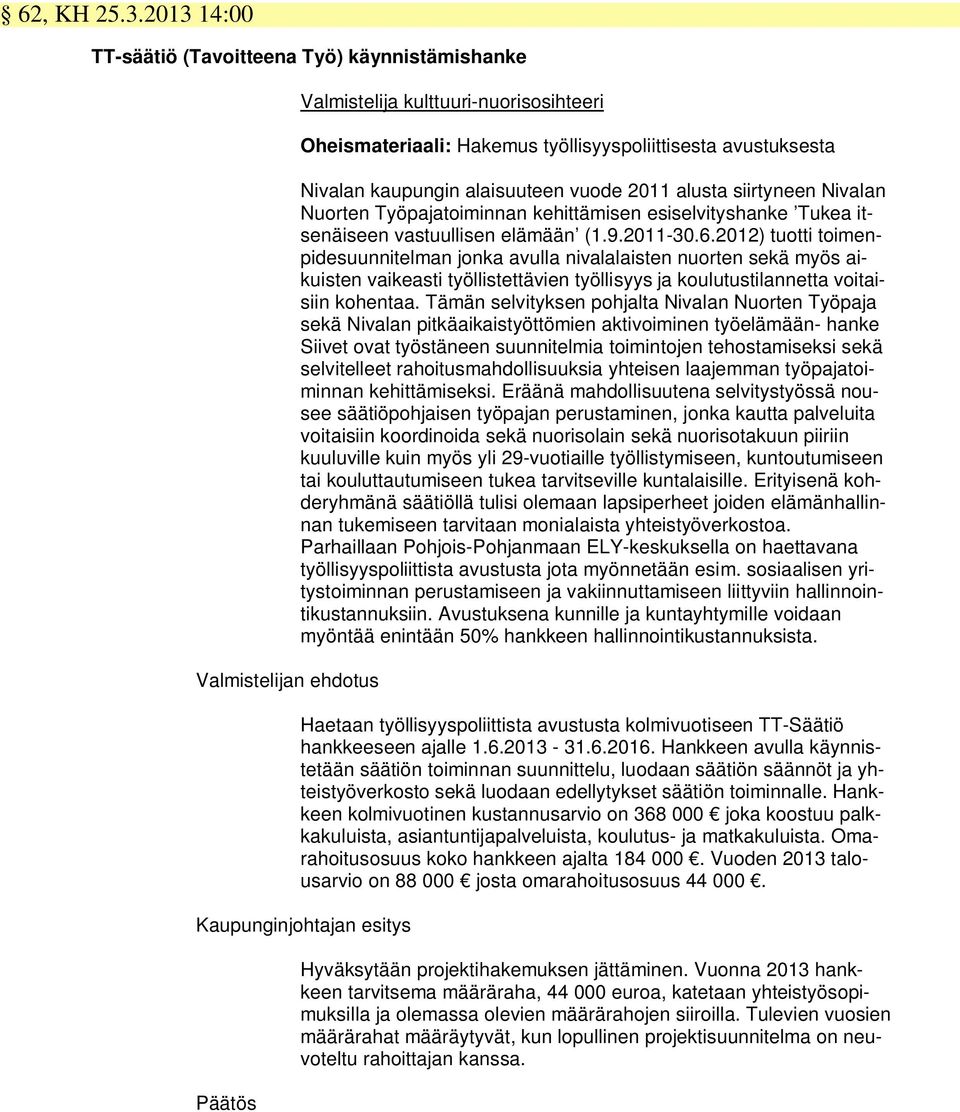 alaisuuteen vuode 2011 alusta siirtyneen Nivalan Nuorten Työpajatoiminnan kehittämisen esiselvityshanke Tukea itsenäiseen vastuullisen elämään (1.9.2011-30.6.