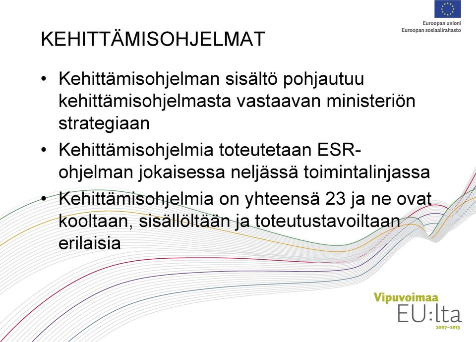 Kehittämisohjelmia toteutetaan ESRohjelman jokaisessa neljässä