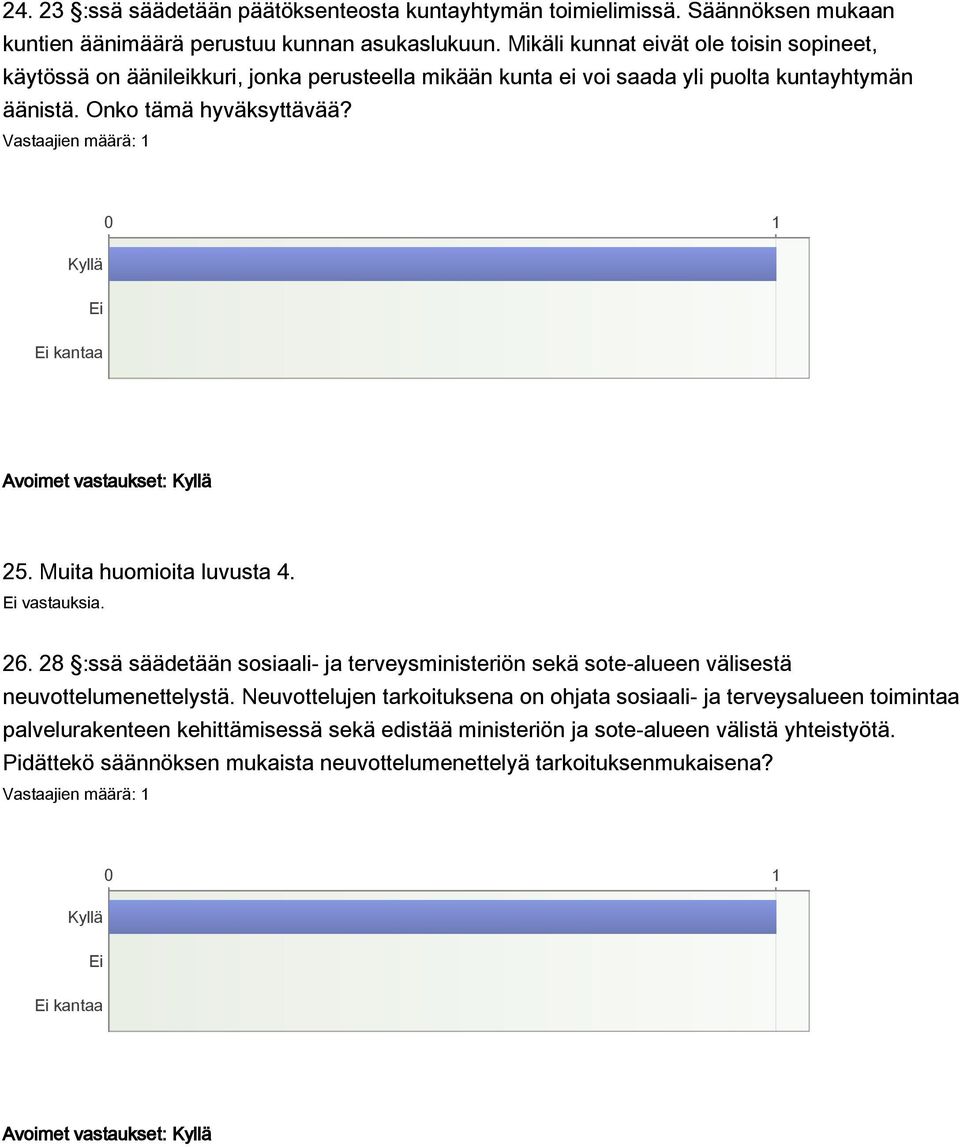 Avoimet vastaukset: 25. Muita huomioita luvusta 4. vastauksia. 26. 28 :ssä säädetään sosiaali- ja terveysministeriön sekä sote-alueen välisestä neuvottelumenettelystä.