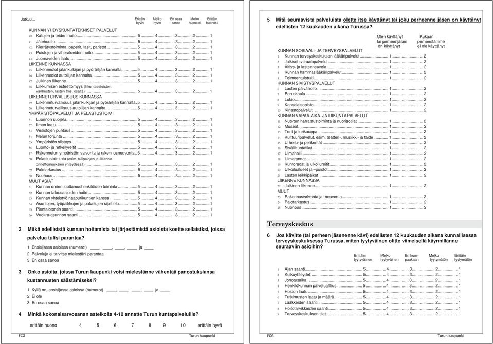 ..... 4... 3... 2... 1 46 Liikenneolot autoilijan kannalta...... 4... 3... 2... 1 47 Julkinen liikenne...... 4... 3... 2... 1 48 Liikkumisen esteettömyys (liikuntaesteisten, vanhusten, lasten tms.