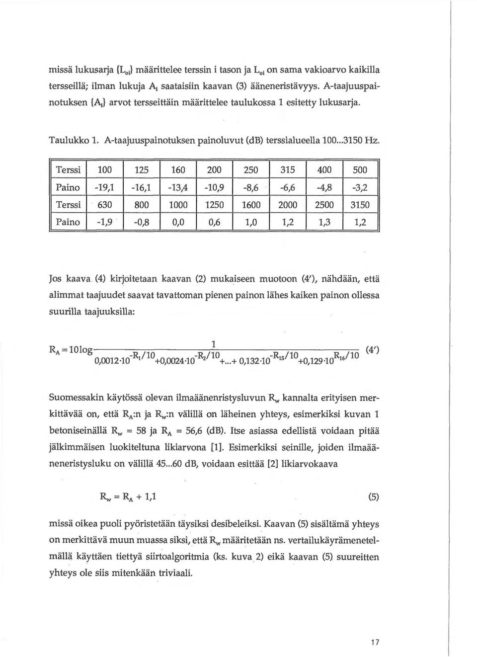Terssi 100 125 160 200 250 315 400 500 Paino -19,1-16,1-13,4-10,9-8,6-6,6-4,8-3,2 Terssi 630 800 1000 1250 1600 2000 2500 3150 Paino -1,9-0,8 0,0 0,6 1,0 1,2 1,3 1,2 Jos kaava (4) kirjoitetaan kaavan