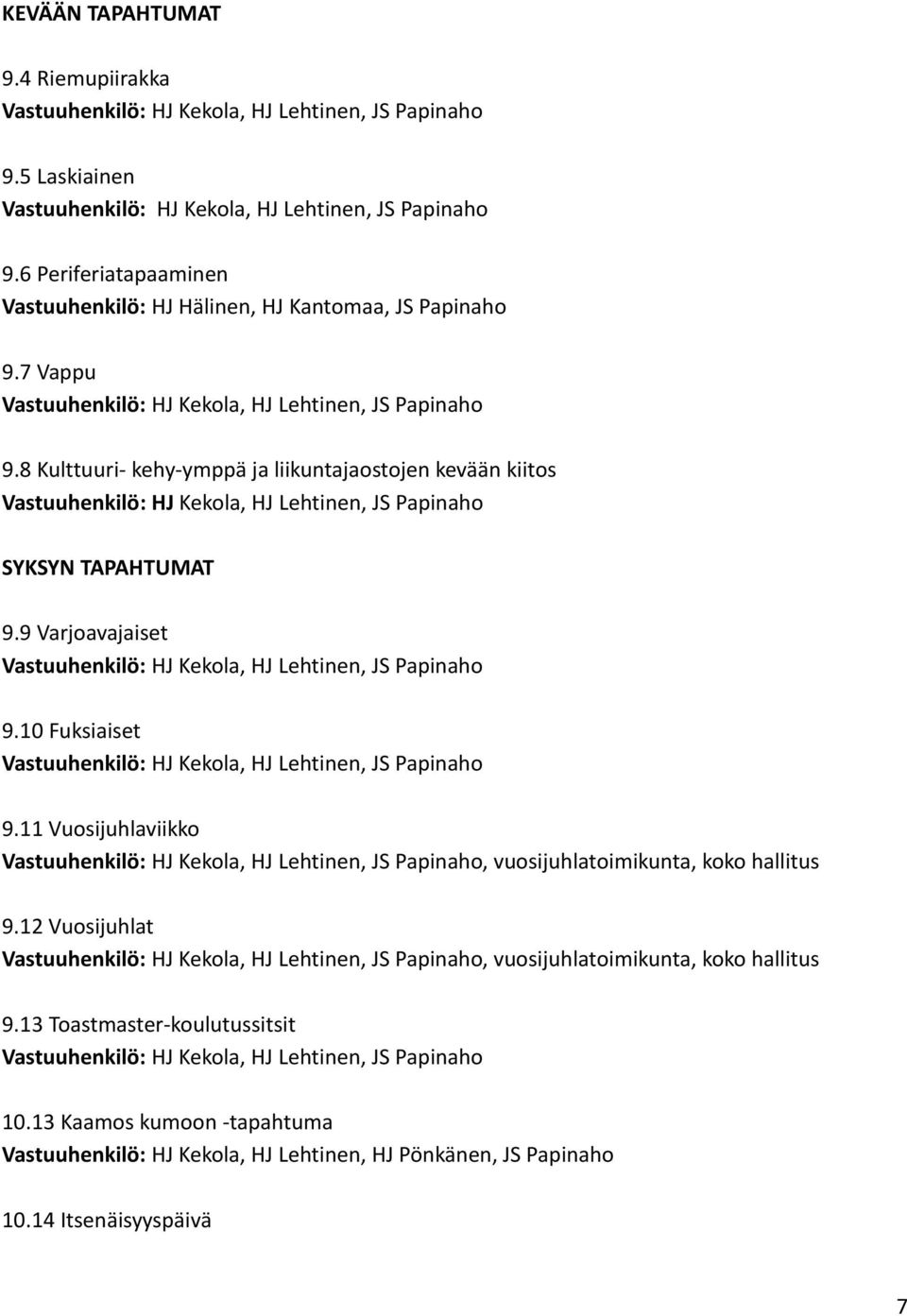 11 Vuosijuhlaviikko, vuosijuhlatoimikunta, koko hallitus 9.12 Vuosijuhlat, vuosijuhlatoimikunta, koko hallitus 9.