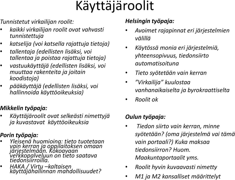 selkeästi nimettyjä ja kuvastavat käyttöoikeuksia Yleisenä huomioina: tieto tuotetaan vain kerran ja oppilaitoksen omaan järjestelmään. Kokoavaan verkkopalveluun on tieto saatava tiedonsiirroilla.