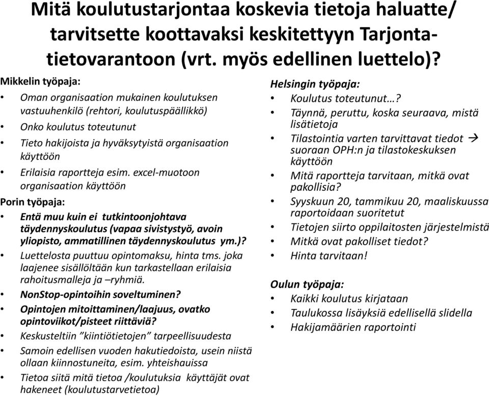 excel-muotoon organisaation käyttöön Entä muu kuin ei tutkintoonjohtava täydennyskoulutus (vapaa sivistystyö, avoin yliopisto, ammatillinen täydennyskoulutus ym.)?