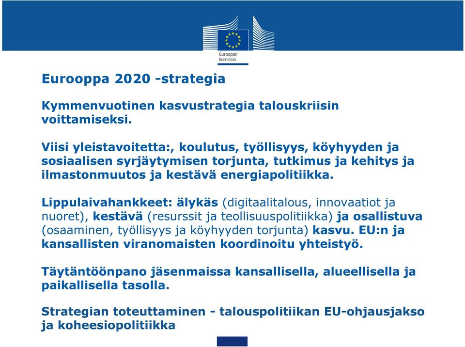 Lippulaivahankkeet: älykäs (digitaalitalous, innovaatiot ja nuoret), kestävä (resurssit ja teollisuuspolitiikka) ja osallistuva (osaaminen, työllisyys ja