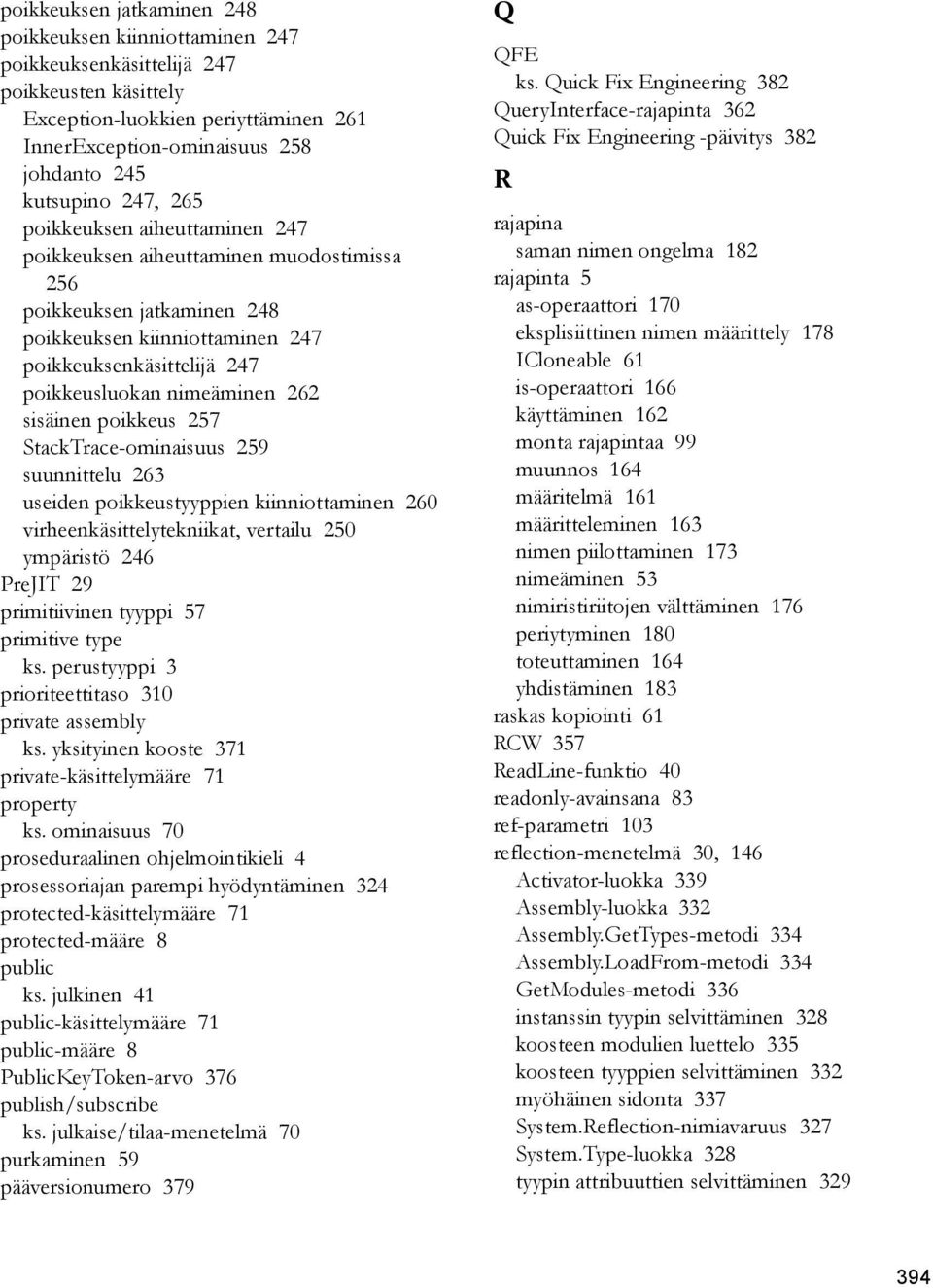 sisäinen poikkeus 257 StackTrace-ominaisuus 259 suunnittelu 263 useiden poikkeustyyppien kiinniottaminen 260 virheenkäsittelytekniikat, vertailu 250 ympäristö 246 PreJIT 29 primitiivinen tyyppi 57