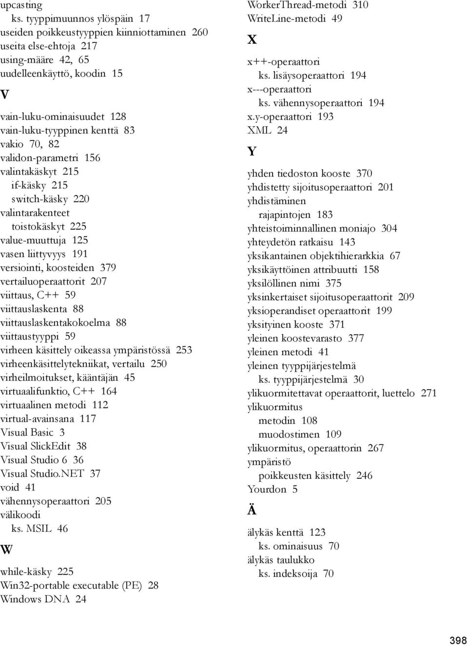 vakio 70, 82 validon-parametri 156 valintakäskyt 215 if-käsky 215 switch-käsky 220 valintarakenteet toistokäskyt 225 value-muuttuja 125 vasen liittyvyys 191 versiointi, koosteiden 379