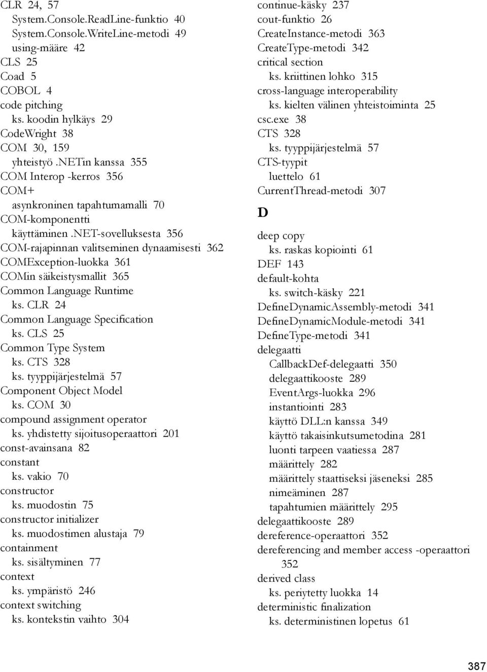 net-sovelluksesta 356 COM-rajapinnan valitseminen dynaamisesti 362 COMException-luokka 361 COMin säikeistysmallit 365 Common Language Runtime ks. CLR 24 Common Language Specification ks.