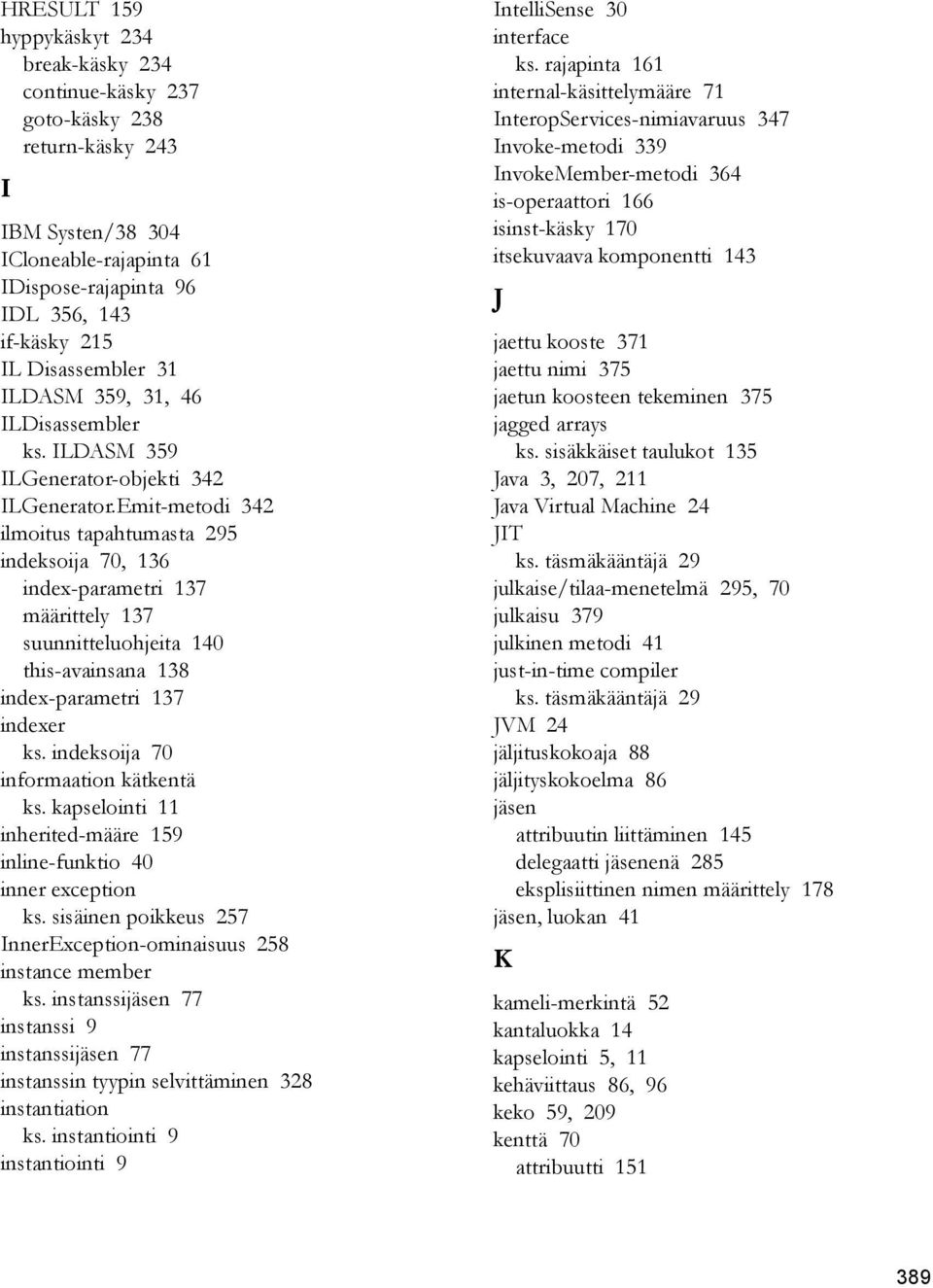 Emit-metodi 342 ilmoitus tapahtumasta 295 indeksoija 70, 136 index-parametri 137 määrittely 137 suunnitteluohjeita 140 this-avainsana 138 index-parametri 137 indexer ks.