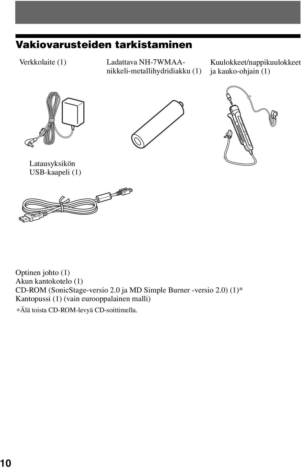 johto (1) Akun kantokotelo (1) CD-ROM (SonicStage-versio 2.0 ja MD Simple Burner -versio 2.