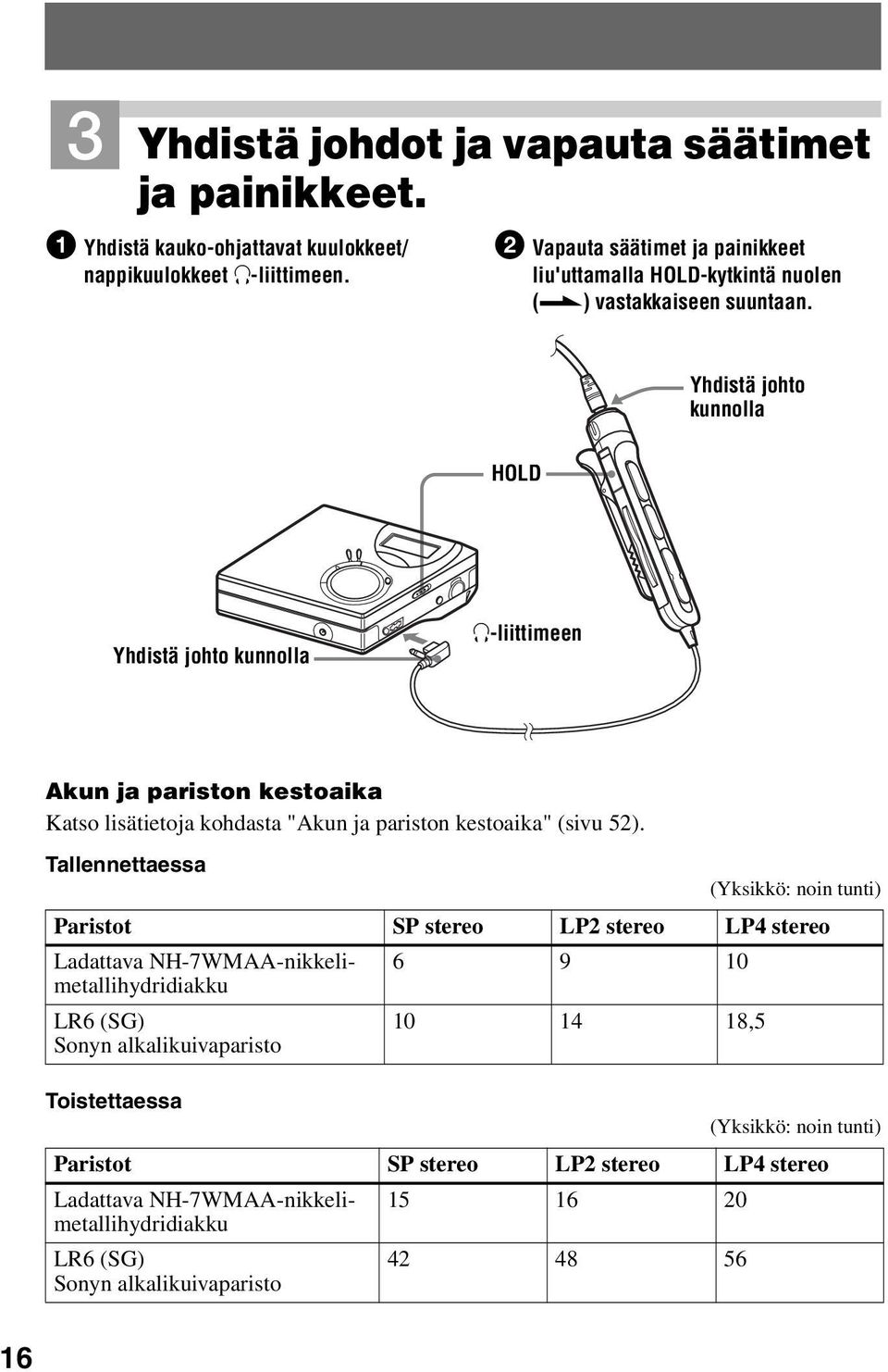 Yhdistä johto kunnolla HOLD Yhdistä johto kunnolla i-liittimeen Akun ja pariston kestoaika Katso lisätietoja kohdasta "Akun ja pariston kestoaika" (sivu 52).