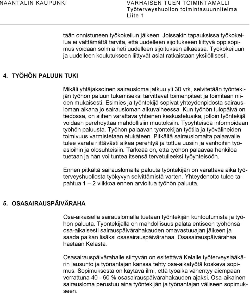 TYÖHÖN PALUUN TUKI Mikäli yhtäjaksoinen sairausloma jatkuu yli 30 vrk, selvitetään työntekijän työhön paluun tukemiseksi tarvittavat toimenpiteet ja toimitaan niiden mukaisesti.