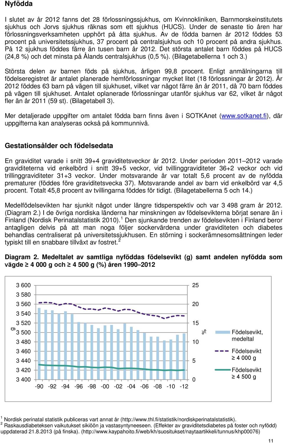 Av de födda barnen år 2012 föddes 53 procent på universitetssjukhus, 37 procent på centralsjukhus och 10 procent på andra sjukhus. På 12 sjukhus föddes färre än tusen barn år 2012.