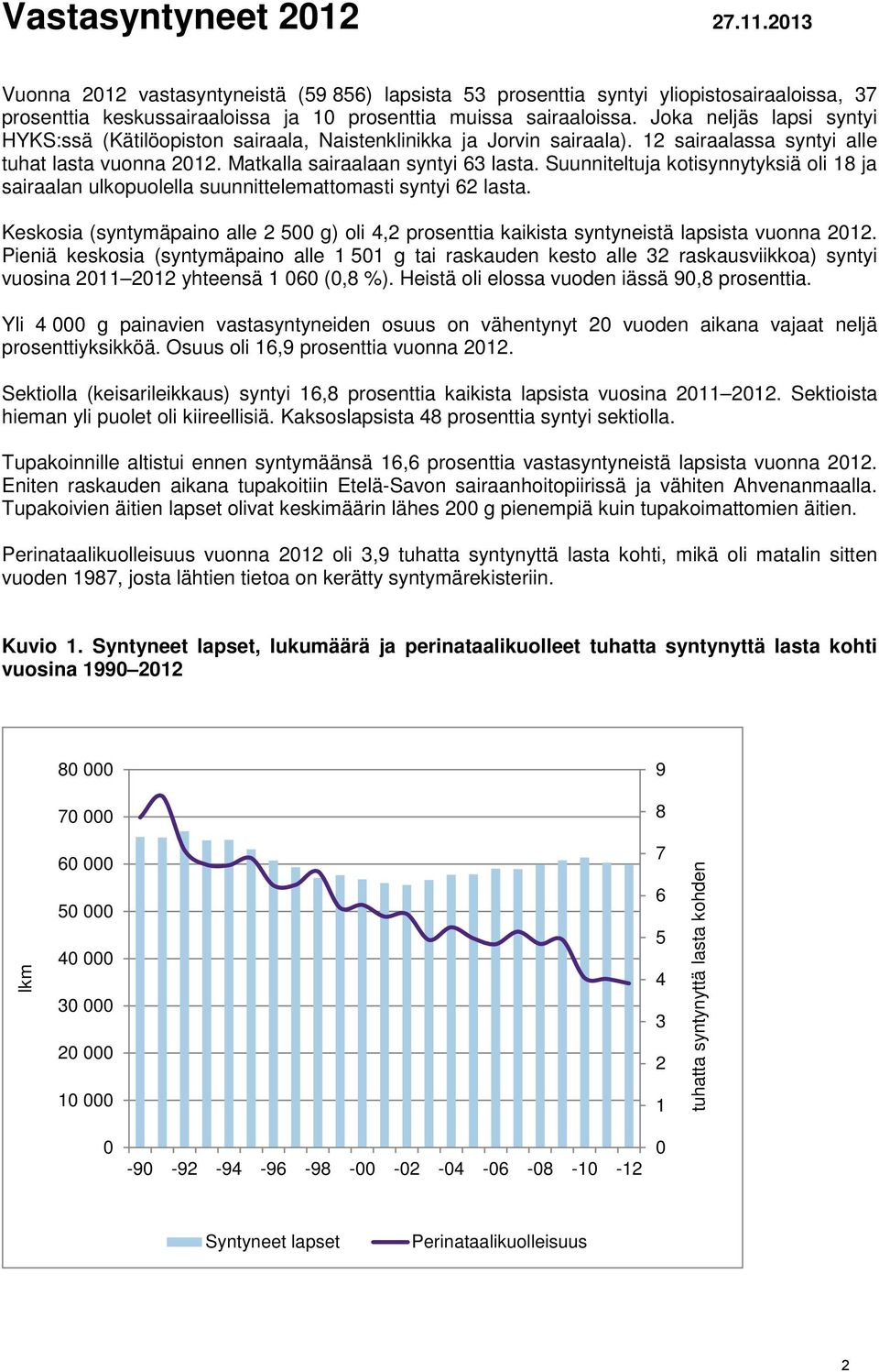 Suunniteltuja kotisynnytyksiä oli 18 ja sairaalan ulkopuolella suunnittelemattomasti syntyi 62 lasta. Keskosia (syntymäpaino alle 2 500 g) oli 4,2 prosenttia kaikista syntyneistä lapsista vuonna 2012.