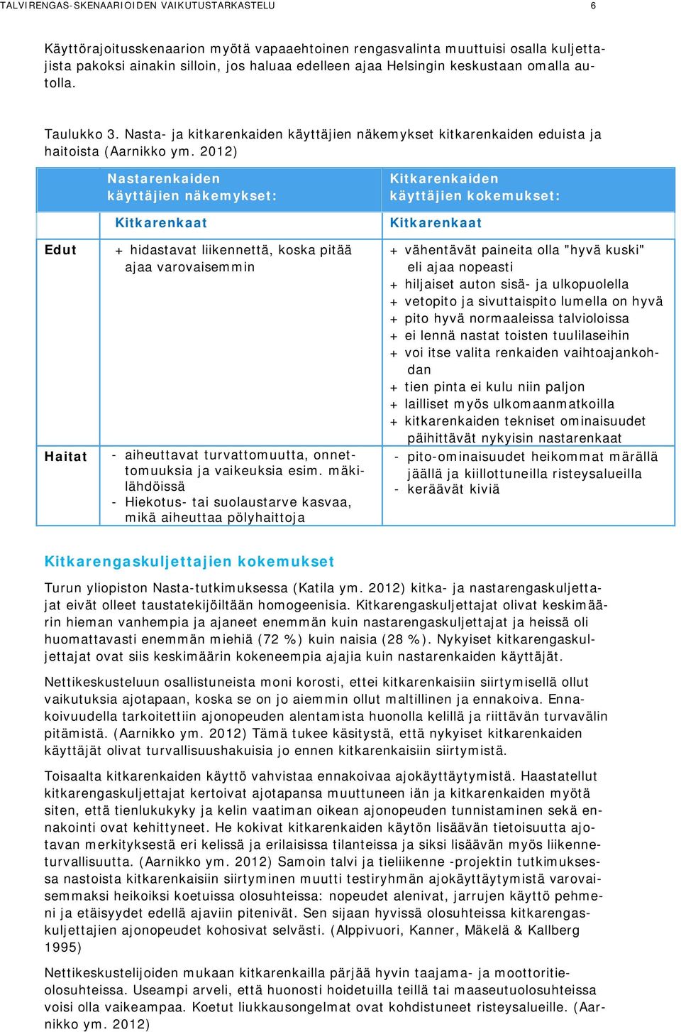 2012) Edut Haitat Nastarenkaiden käyttäjien näkemykset: Kitkarenkaat + hidastavat liikennettä, koska pitää ajaa varovaisemmin - aiheuttavat turvattomuutta, onnettomuuksia ja vaikeuksia esim.