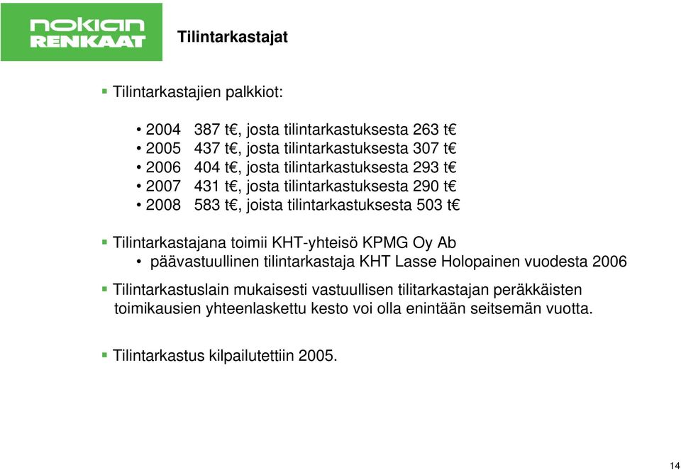 Tilintarkastajana toimii KHT-yhteisö KPMG Oy Ab päävastuullinen tilintarkastaja KHT Lasse Holopainen vuodesta 2006 Tilintarkastuslain