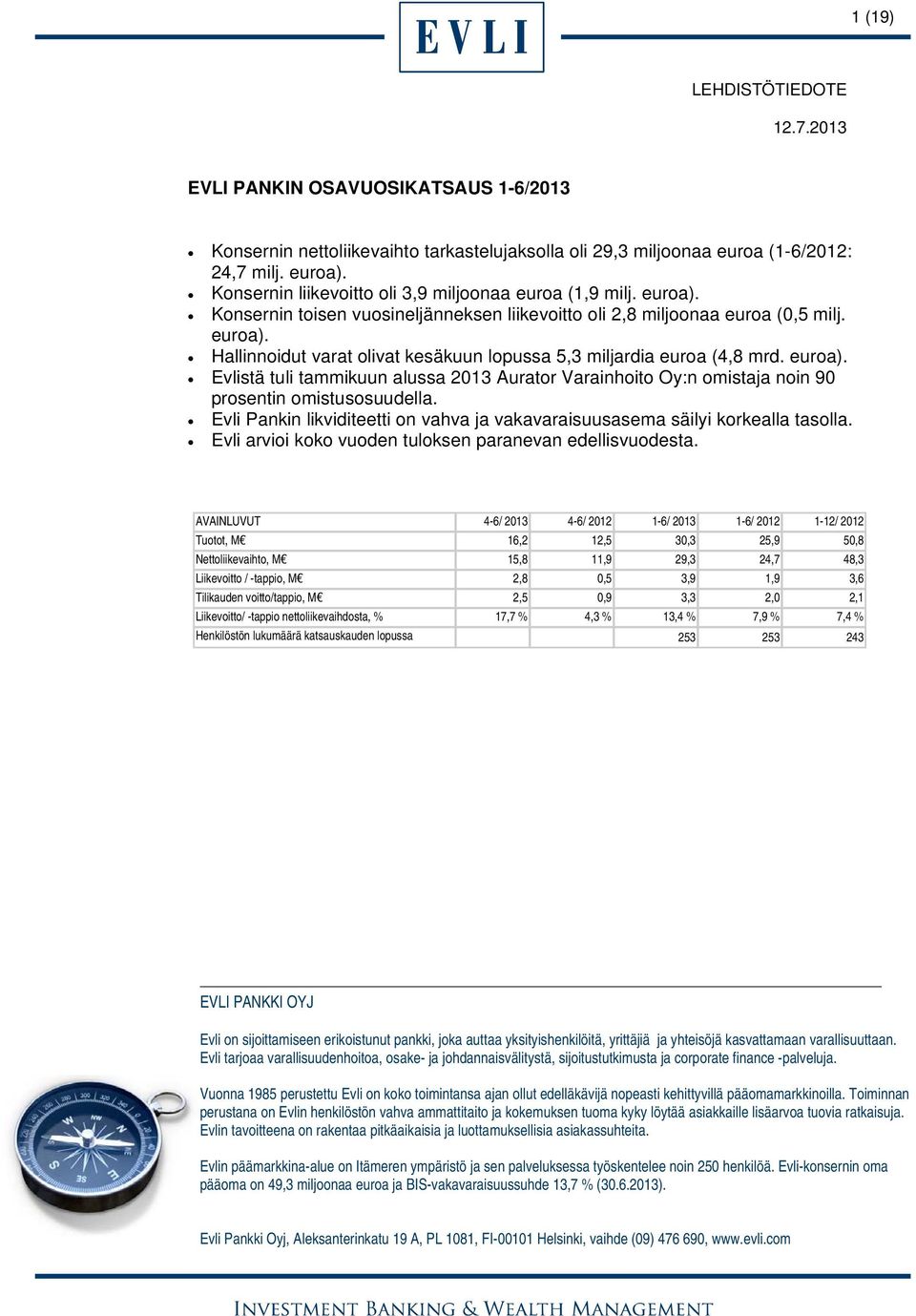 euroa). Evlistä tuli tammikuun alussa 2013 Aurator Varainhoito Oy:n omistaja noin 90 prosentin omistusosuudella. Evli Pankin likviditeetti on vahva ja vakavaraisuusasema säilyi korkealla tasolla.