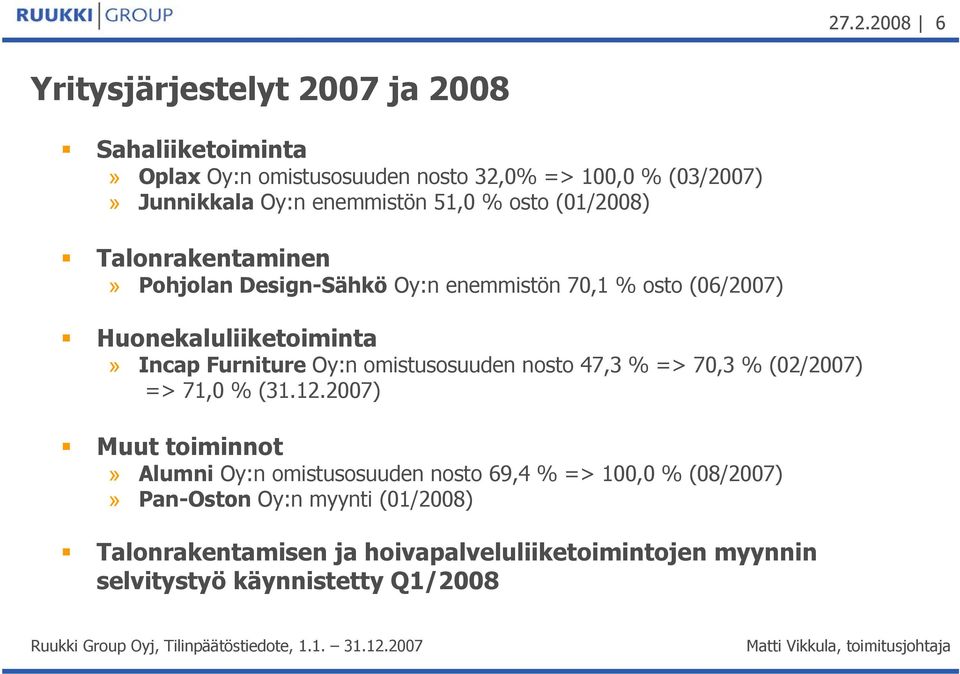 Furniture Oy:n omistusosuuden nosto 47,3 % => 70,3 % (02/2007) => 71,0 % (31.12.
