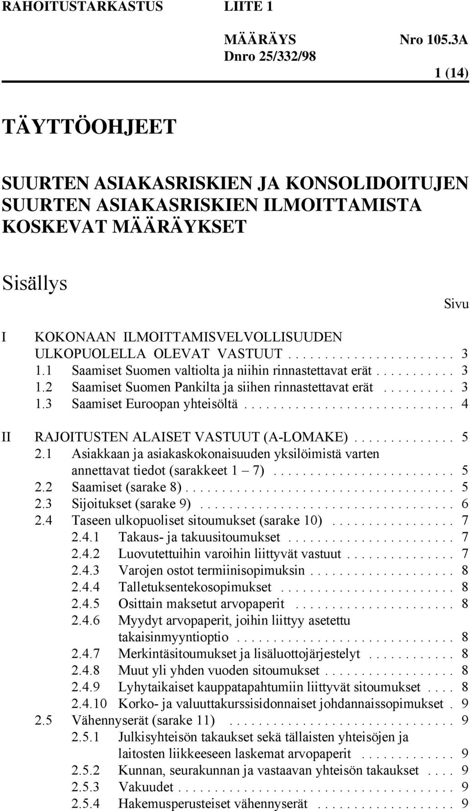 .. 4 II RAJOITUSTEN ALAISET VASTUUT (A-LOMAKE)... 5 2.1 Asiakkaan ja asiakaskokonaisuuden yksilöimistä varten annettavat tiedot (sarakkeet 1 7)... 5 2.2 Saamiset (sarake 8)... 5 2.3 Sijoitukset (sarake 9).