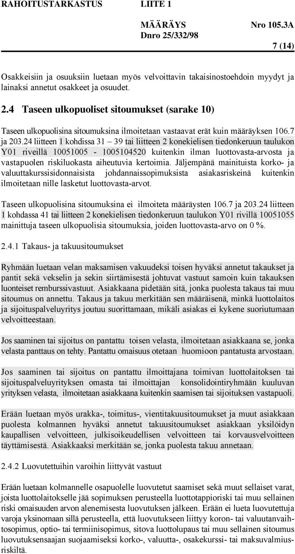 24 liitteen 1 kohdissa 31 39 tai liitteen 2 konekielisen tiedonkeruun taulukon Y01 riveillä 10051005-1005104520 kuitenkin ilman luottovasta-arvosta ja vastapuolen riskiluokasta aiheutuvia kertoimia.