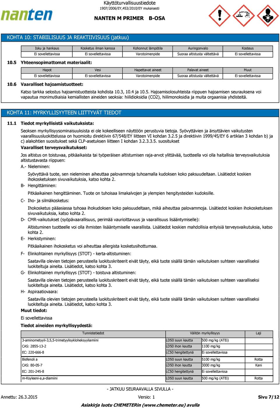 6 Vaaralliset hajoamistuotteet: Katso tarkka selostus hajoamistuotteista kohdista 10.3, 10.4 ja 10.5.