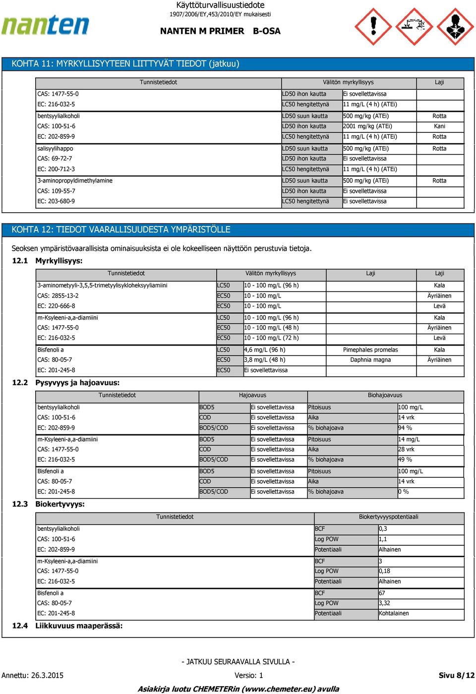 200-712-3 LC50 hengitettynä 11 mg/l (4 h) (ATEi) 3-aminopropyldimethylamine LD50 suun kautta 500 mg/kg (ATEi) Rotta CAS: 109-55-7 LD50 ihon kautta EC: 203-680-9 LC50 hengitettynä KOHTA 12: TIEDOT