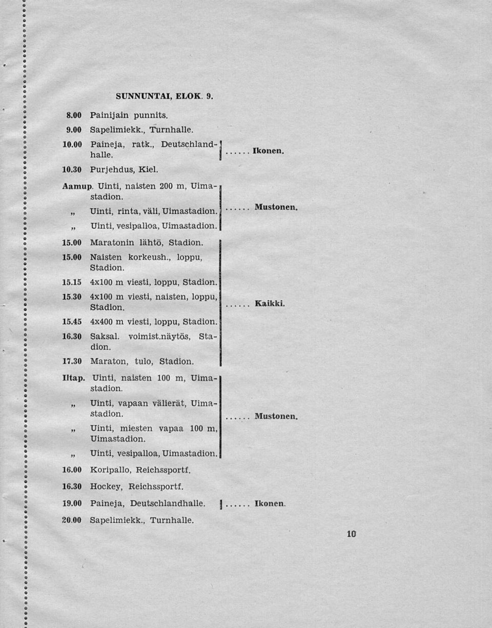 15.45 4x400 m viesti, loppu, Stadion. 16.30 Saksal. voimist.näytös, Stadion. 17.30 Maraton, tulo, Stadion. Kaikki. Iltap.