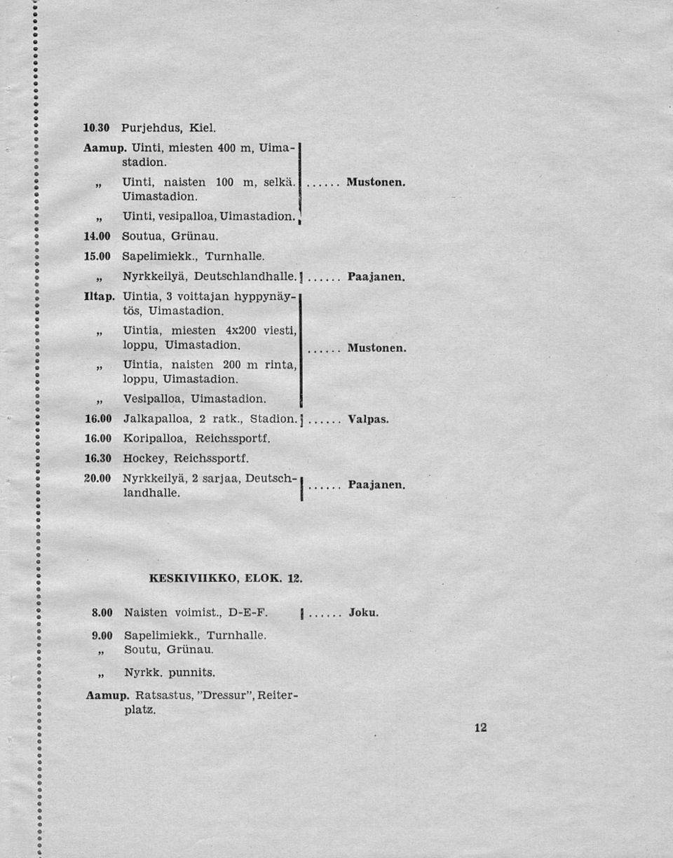 00 Jalkapalloa, 2 ratk., Stadion. ] Valpas. 16.00 Koripalloa, Reichssportf. 16.30 Hockey, Reichssportf. 20.00 Nyrkkeilyä, 2 sarjaa, Deutsch- 1,/_ Ä-,tl landhalle.