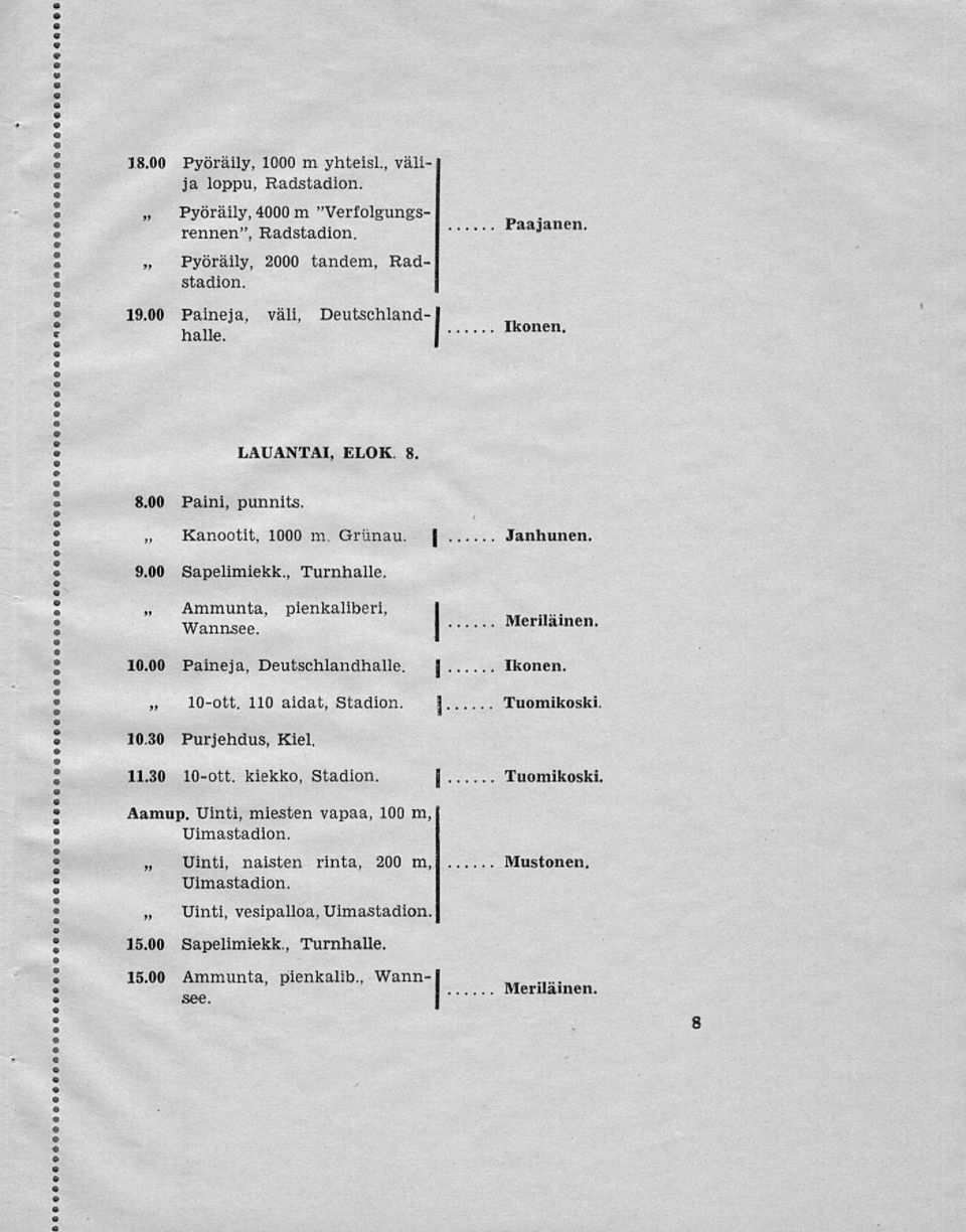 Ammunta, pienkaliberi, Wannsee. Meriläinen. 10.00 Paineja, Deutschlandhalle. j Ikonen. 10-ott. 110 aidat, Stadion. 1 Tuomikoski. 10.30 Purjehdus, Kiel. 11.30 10-ott.