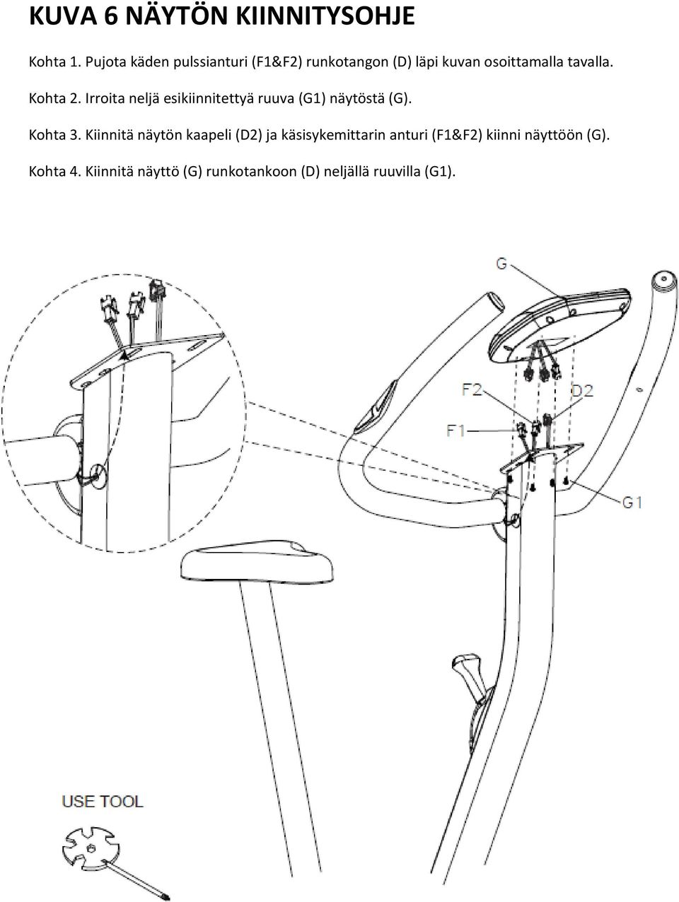 Kohta 2. Irroita neljä esikiinnitettyä ruuva (G1) näytöstä (G). Kohta 3.