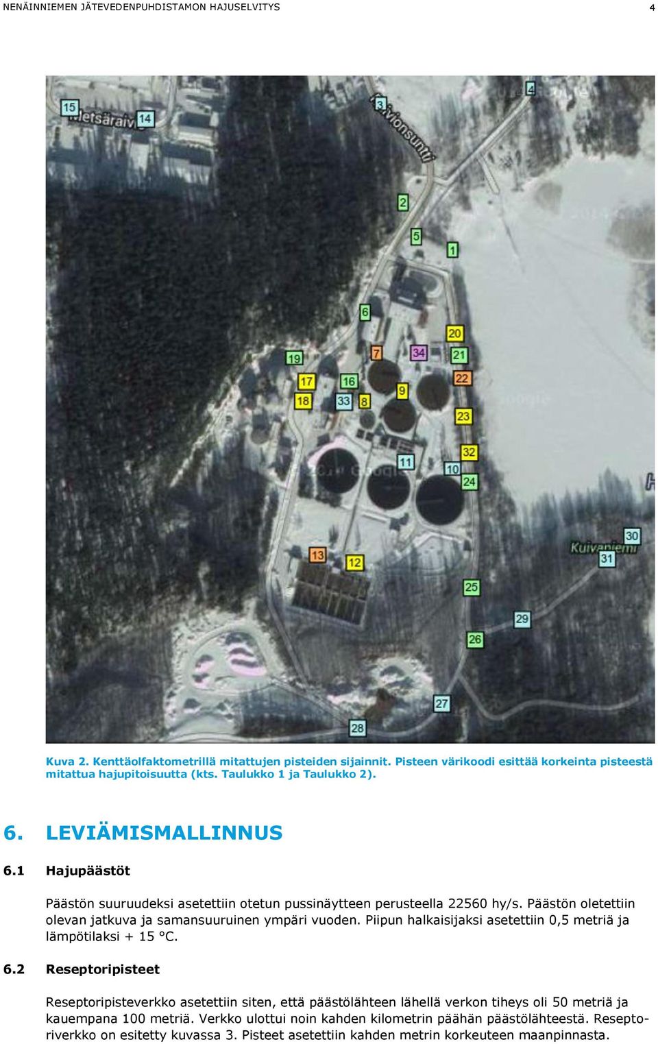 Päästön oletettiin olevan jatkuva ja samansuuruinen ympäri vuoden. Piipun halkaisijaksi asetettiin 0,5 metriä ja lämpötilaksi + 15 C. 6.