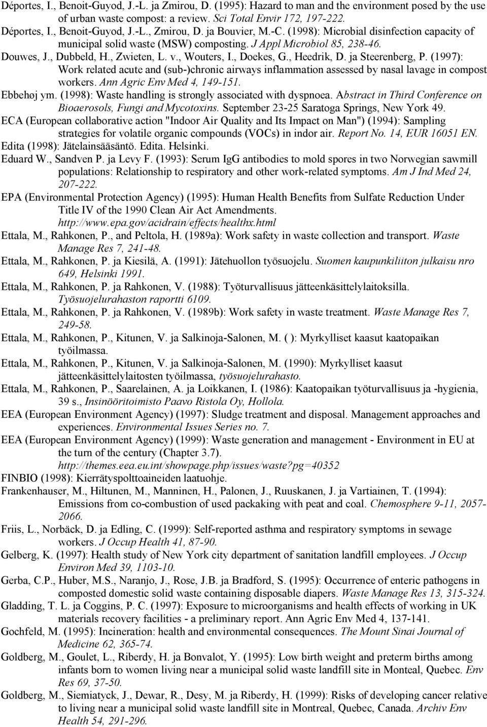 v., Wouters, I., Doekes, G., Heedrik, D. ja Steerenberg, P. (1997): Work related acute and (sub )chronic airways inflammation assessed by nasal lavage in compost workers. Ann Agric Env Med 4, 149 151.