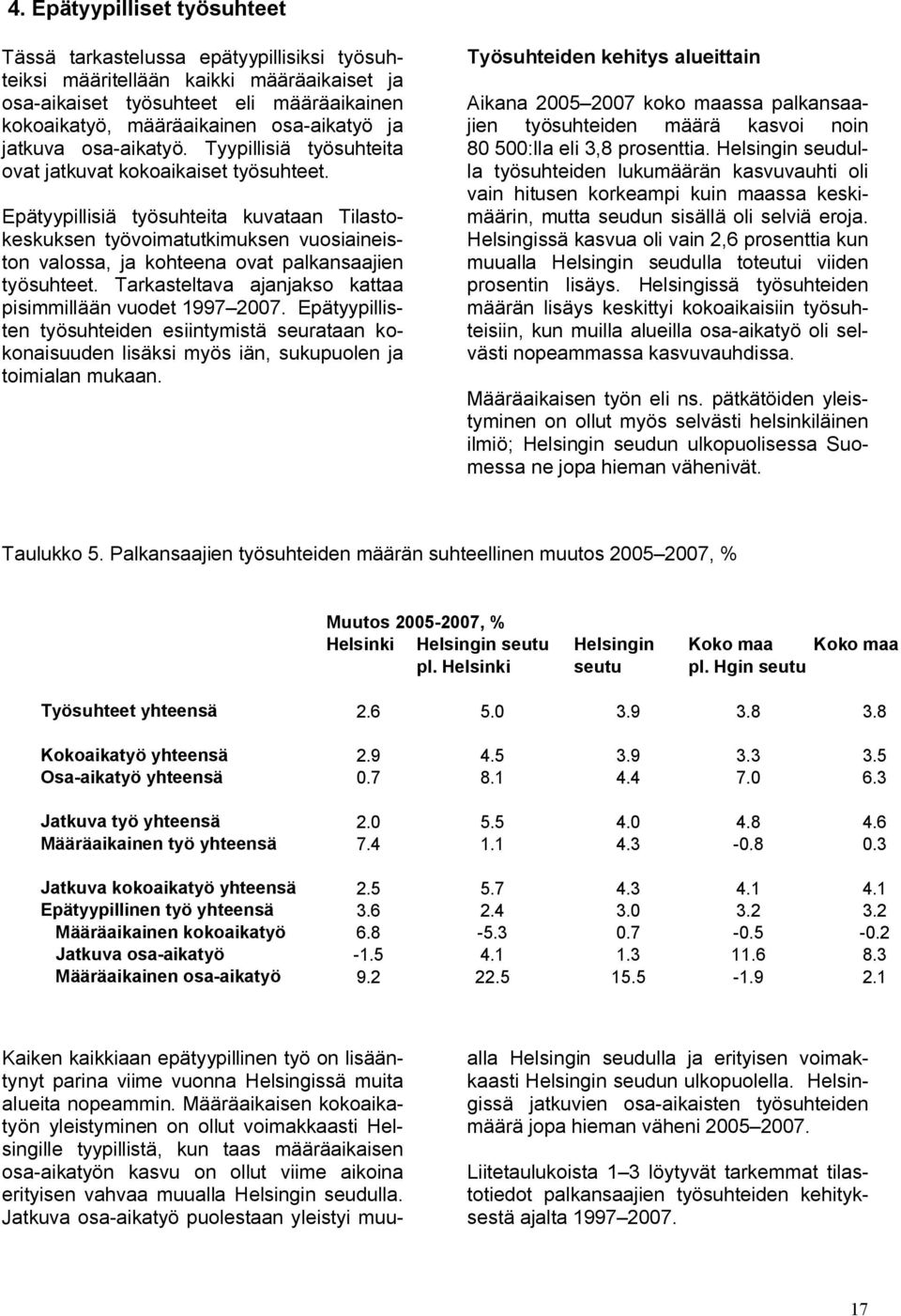 Epätyypillisiä työsuhteita kuvataan Tilastokeskuksen työvoimatutkimuksen vuosiaineiston valossa, ja kohteena ovat palkansaajien työsuhteet. Tarkasteltava ajanjakso kattaa pisimmillään vuodet 1997 27.