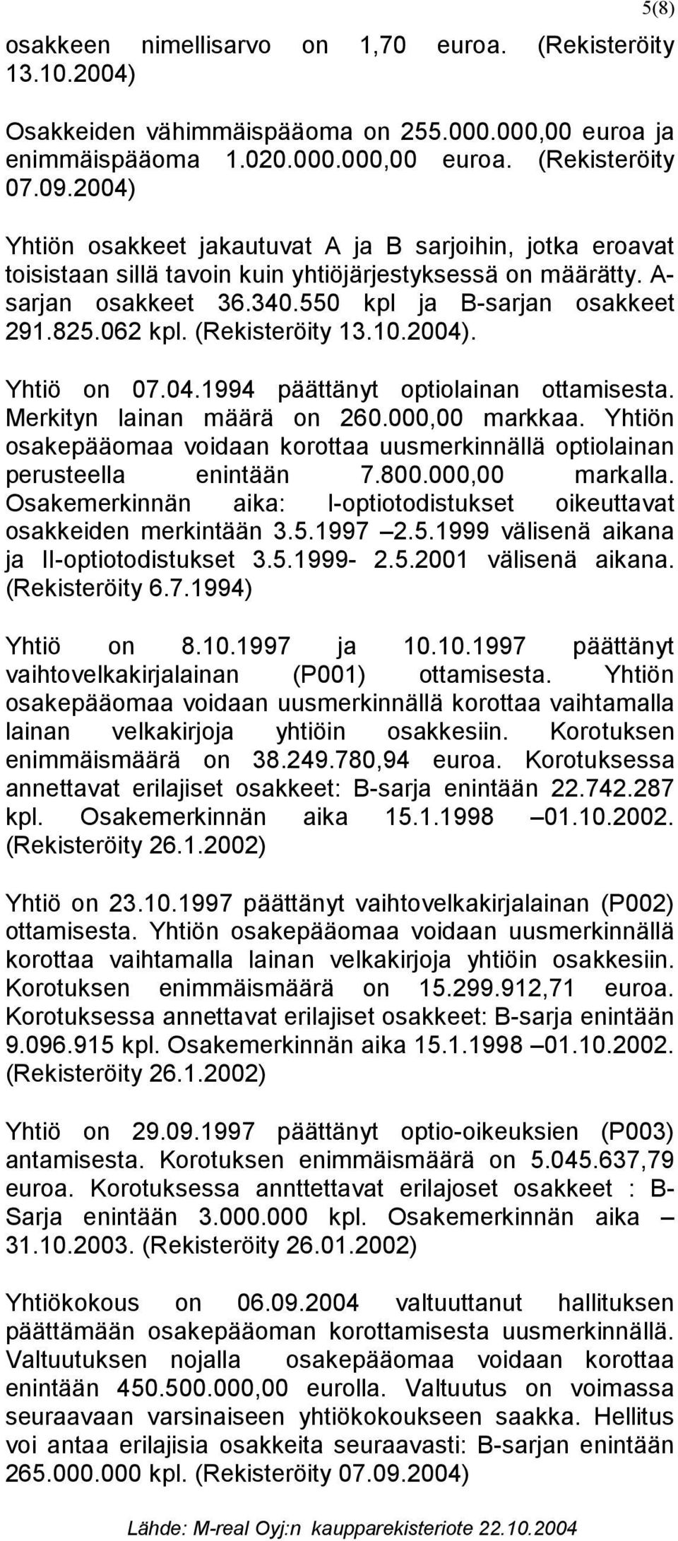 (Rekisteröity 13.10.2004). Yhtiö on 07.04.1994 päättänyt optiolainan ottamisesta. Merkityn lainan määrä on 260.000,00 markkaa.