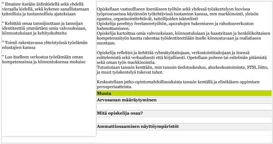 kiinnostuksensa mukaise Opiskellaan vastuulliseen itsenäiseen työhön sekä yhdessä työskentelyyn luovissa työprosesseissa käytännön työtehtävissä tuotannon kanssa, mm markkinointi, yleisön opastus,