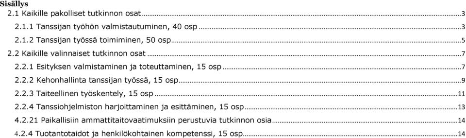 .. 9 2.2.3 Taiteellinen työskentely, 15 osp... 11 2.2.4 Tanssiohjelmiston harjoittaminen ja esittäminen, 15 osp... 13 4.2.21 Paikallisiin ammattitaitovaatimuksiin perustuvia tutkinnon osia.