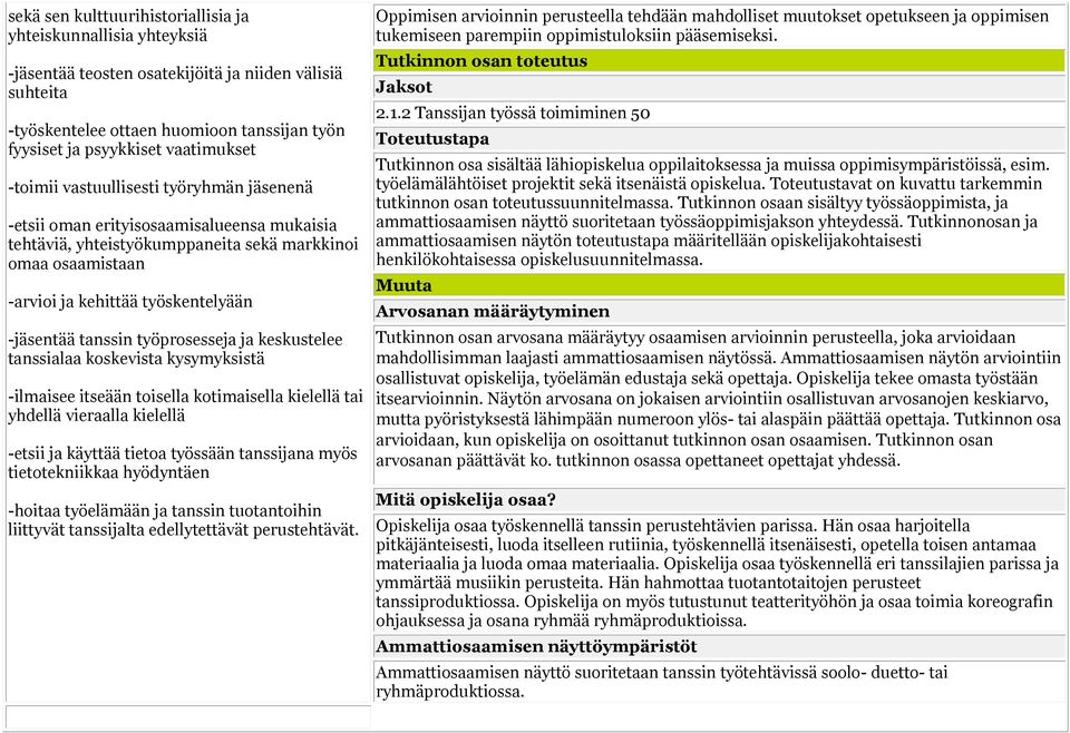 -jäsentää tanssin työprosesseja ja keskustelee tanssialaa koskevista kysymyksistä -ilmaisee itseään toisella kotimaisella kielellä tai yhdellä vieraalla kielellä -etsii ja käyttää tietoa työssään