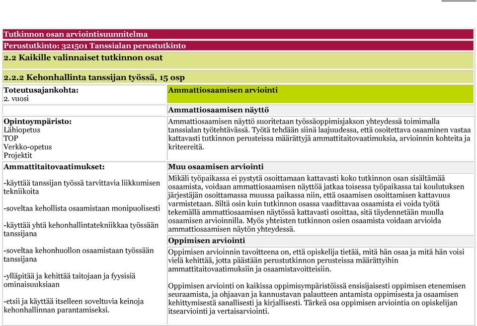 -käyttää yhtä kehonhallintatekniikkaa työssään tanssijana -soveltaa kehonhuollon osaamistaan työssään tanssijana -ylläpitää ja kehittää taitojaan ja fyysisiä ominaisuuksiaan -etsii ja käyttää