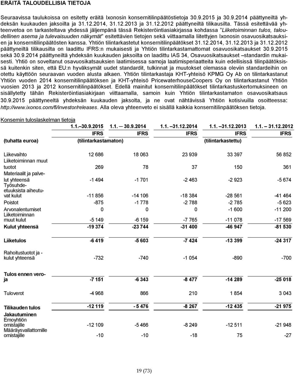 Tässä esitettävää yhteenvetoa on tarkasteltava yhdessä jäljempänä tässä Rekisteröintiasiakirjassa kohdassa Liiketoiminnan tulos, taloudellinen asema ja tulevaisuuden näkymät esitettävien tietojen